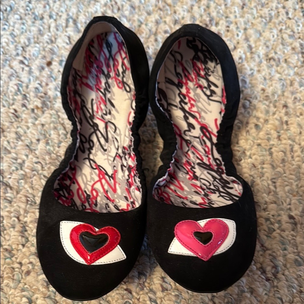 Karl Lagerfeld Black Flats with Red and Pink Heart Accents